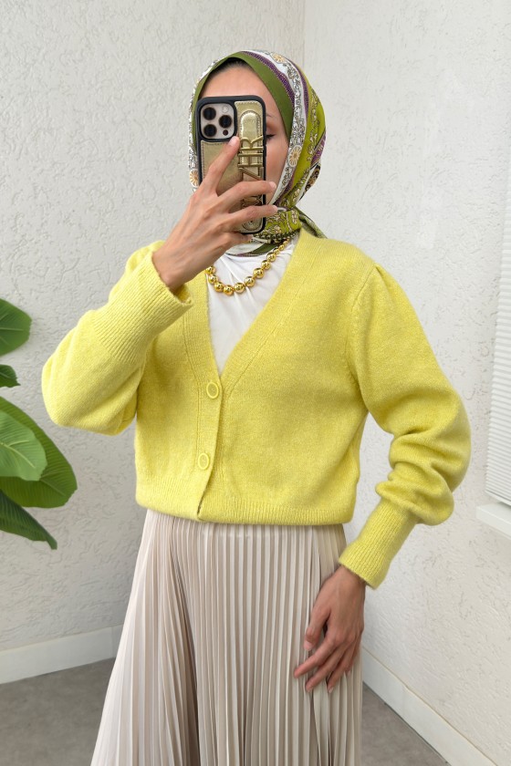 Düğmeli Triko Hırka 70148 - YAĞ YEŞİLİ