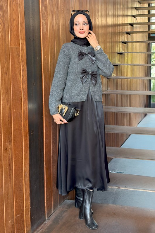 Önü Fiyonklu Triko Hırka 7020 - ANTRASİT