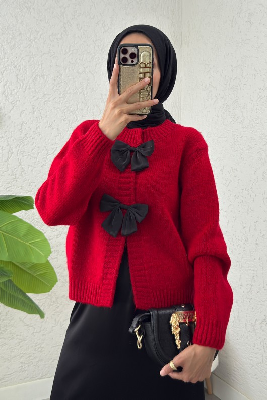 Önü Fiyonklu Triko Hırka 7020 - KIRMIZI