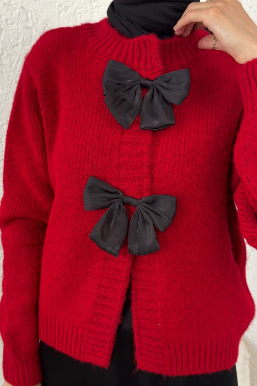 Önü Fiyonklu Triko Hırka 7020 - KIRMIZI