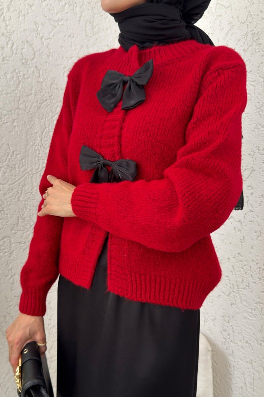 Önü Fiyonklu Triko Hırka 7020 - KIRMIZI