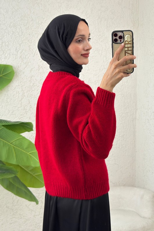 Önü Fiyonklu Triko Hırka 7020 - KIRMIZI