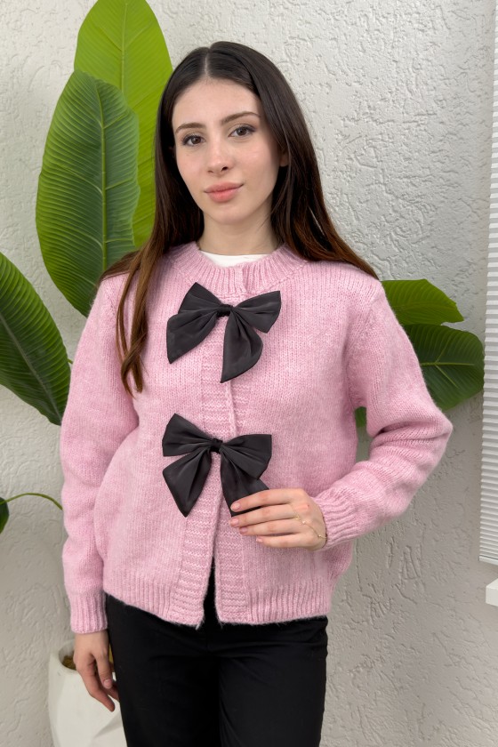 Önü Fiyonklu Triko Hırka 7020 - PEMBE