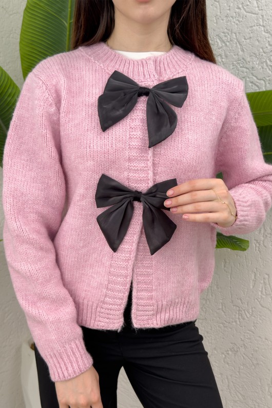 Önü Fiyonklu Triko Hırka 7020 - PEMBE Önü Fiyonklu Triko Hırka 7020 - PEMBE