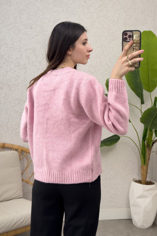 Önü Fiyonklu Triko Hırka 7020 - PEMBE Önü Fiyonklu Triko Hırka 7020 - PEMBE