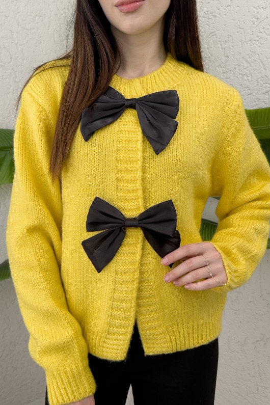 Önü Fiyonklu Triko Hırka 7020 - SARI Önü Fiyonklu Triko Hırka 7020 - SARI