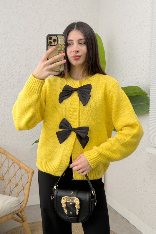 Önü Fiyonklu Triko Hırka 7020 - SARI Önü Fiyonklu Triko Hırka 7020 - SARI