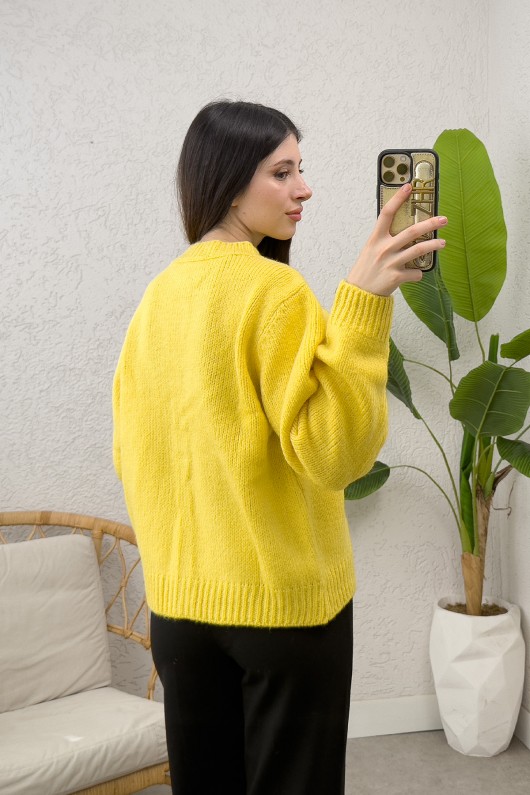 Önü Fiyonklu Triko Hırka 7020 - SARI Önü Fiyonklu Triko Hırka 7020 - SARI