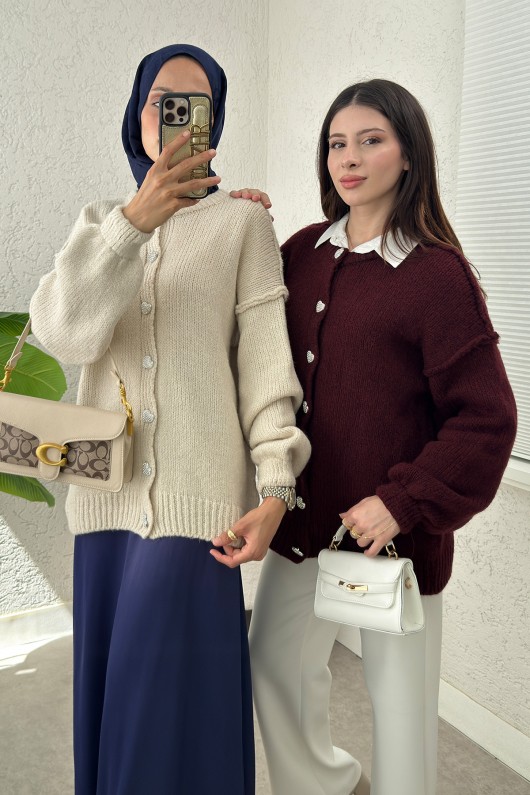 Ters Dikişli Triko Hırka 7048 - BORDO