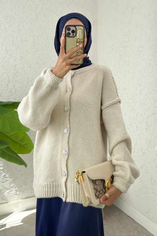 Ters Dikişli Triko Hırka 7048 - EKRU