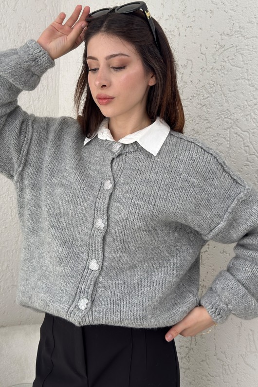 Ters Dikişli Triko Hırka 7048 - GRİ Ters Dikişli Triko Hırka 7048 - GRİ