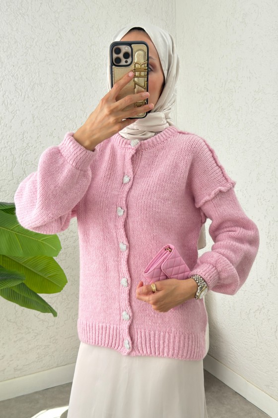 Ters Dikişli Triko Hırka 7048 - PEMBE