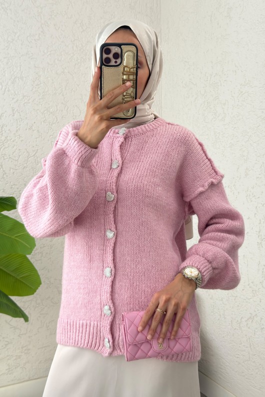 Ters Dikişli Triko Hırka 7048 - PEMBE