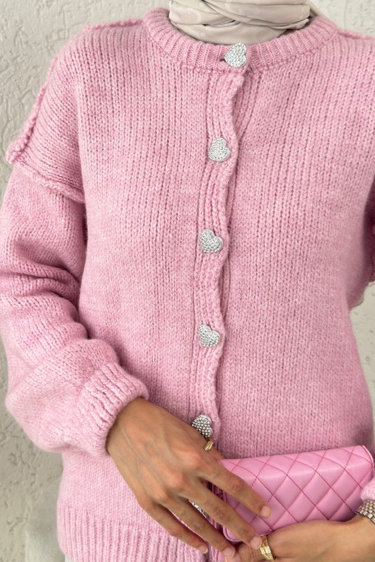 Ters Dikişli Triko Hırka 7048 - PEMBE