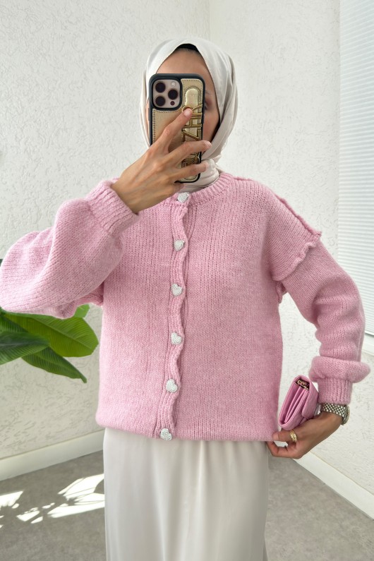 Ters Dikişli Triko Hırka 7048 - PEMBE