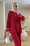7114 Şerit Detaylı Triko Takım - BORDO