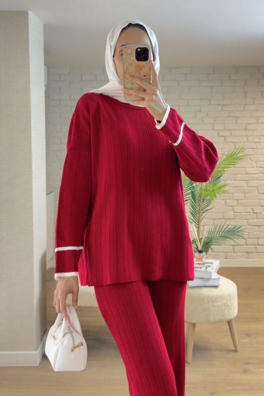 7114 Şerit Detaylı Triko Takım - BORDO