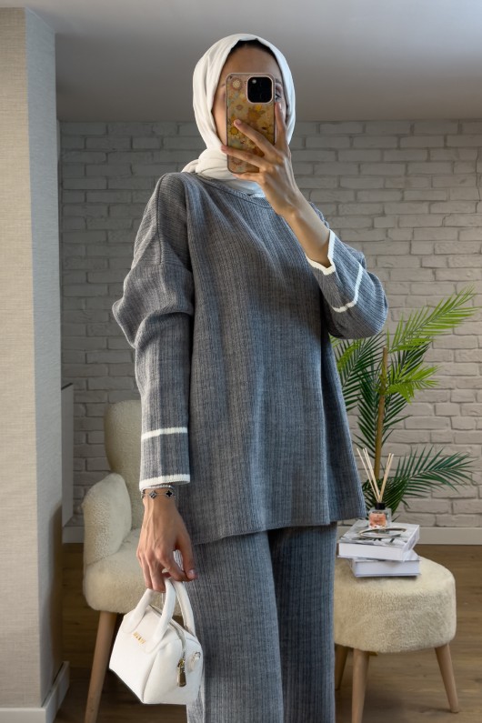 7114 Şerit Detaylı Triko Takım - GRİ