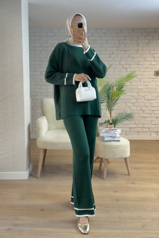 7114 Şerit Detaylı Triko Takım - ZÜMRÜT YEŞİLİ