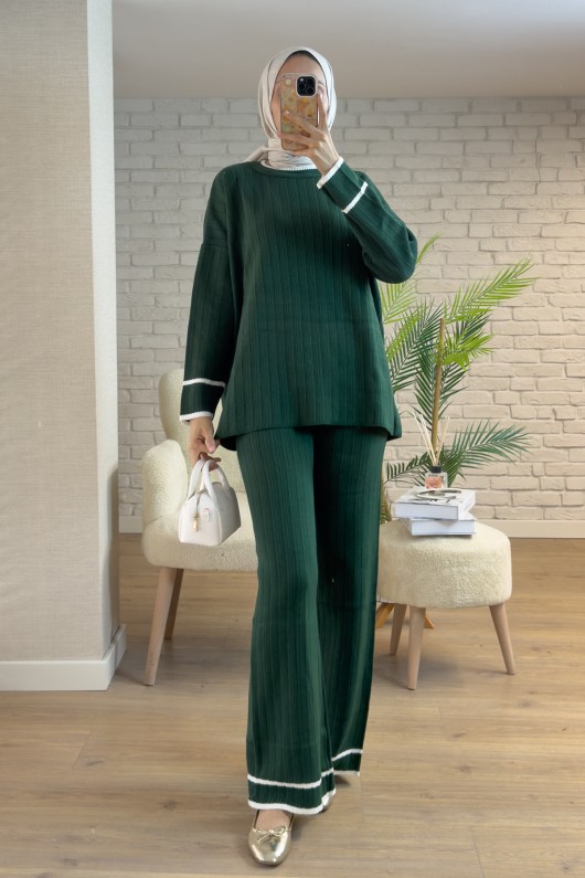 7114 Şerit Detaylı Triko Takım - ZÜMRÜT YEŞİLİ