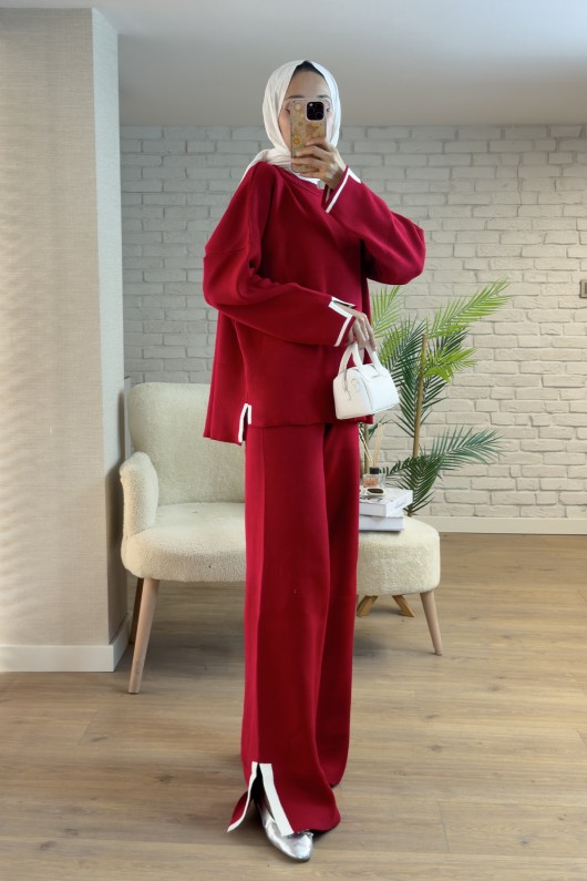 7115 Yırtmaç Detaylı Triko Takım - BORDO