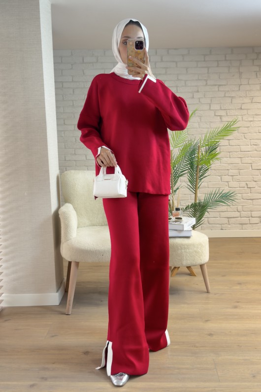 7115 Yırtmaç Detaylı Triko Takım - BORDO