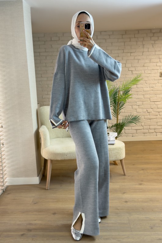 7115 Yırtmaç Detaylı Triko Takım - GRİ