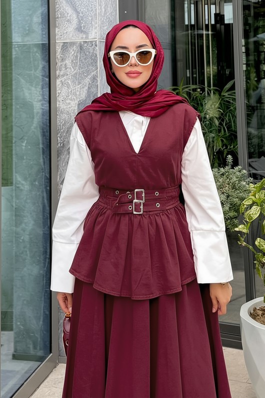 Tokalı Yelekli Denim Takım 7165 - BORDO