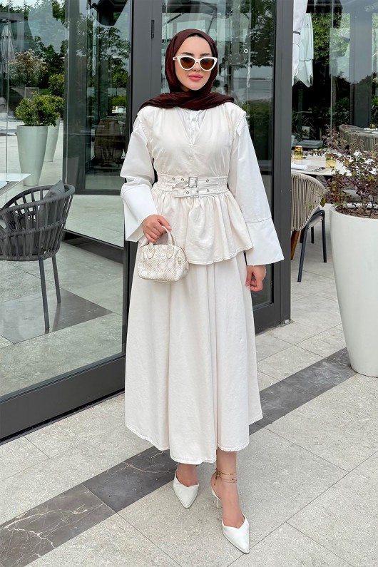 Tokalı Yelekli Denim Takım 7165 - EKRU