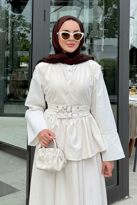 Tokalı Yelekli Denim Takım 7165 - EKRU