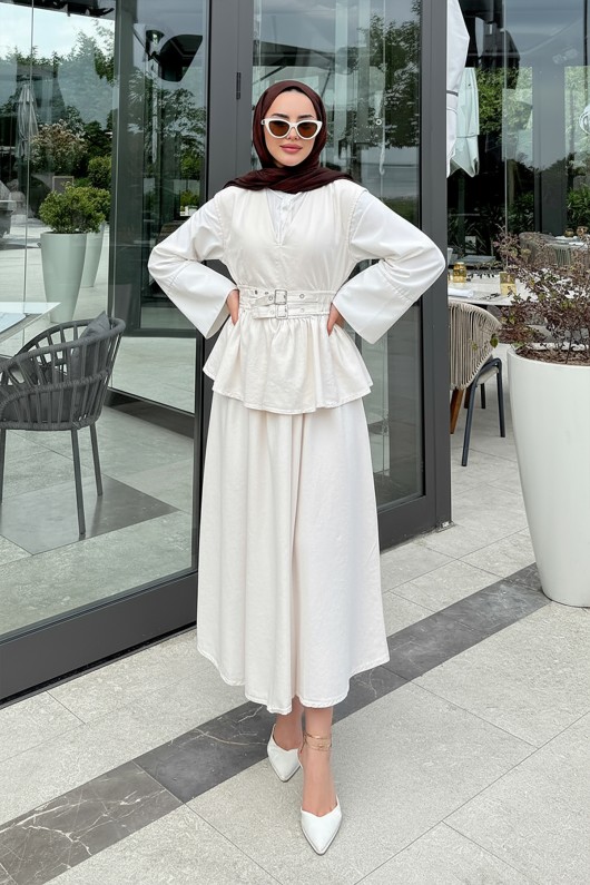 Tokalı Yelekli Denim Takım 7165 - EKRU