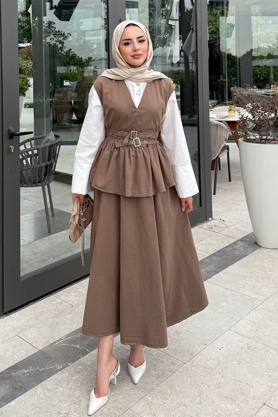 Tokalı Yelekli Denim Takım 7165 - KAHVERENGİ