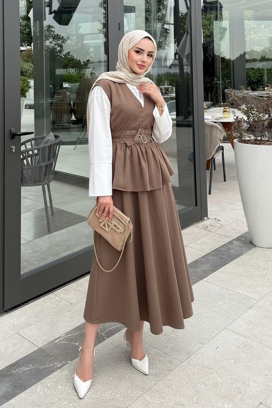 Tokalı Yelekli Denim Takım 7165 - KAHVERENGİ