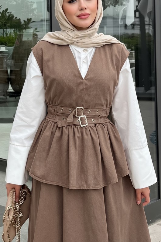 Tokalı Yelekli Denim Takım 7165 - KAHVERENGİ