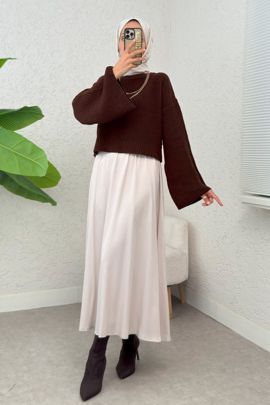 İspanyol Kol Crop Kazak 743 - KAHVERENGİ İspanyol Kol Crop Kazak 743 - KAHVERENGİ