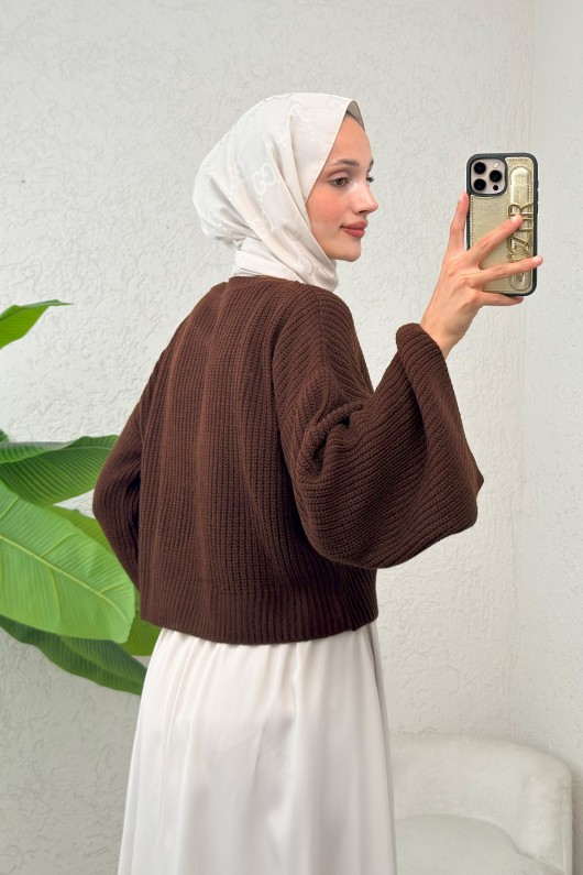 İspanyol Kol Crop Kazak 743 - KAHVERENGİ İspanyol Kol Crop Kazak 743 - KAHVERENGİ