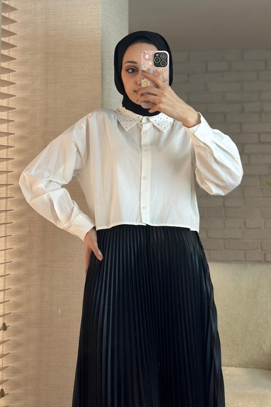 8003 Yakası Taşlı Kısa Gömlek - BEYAZ