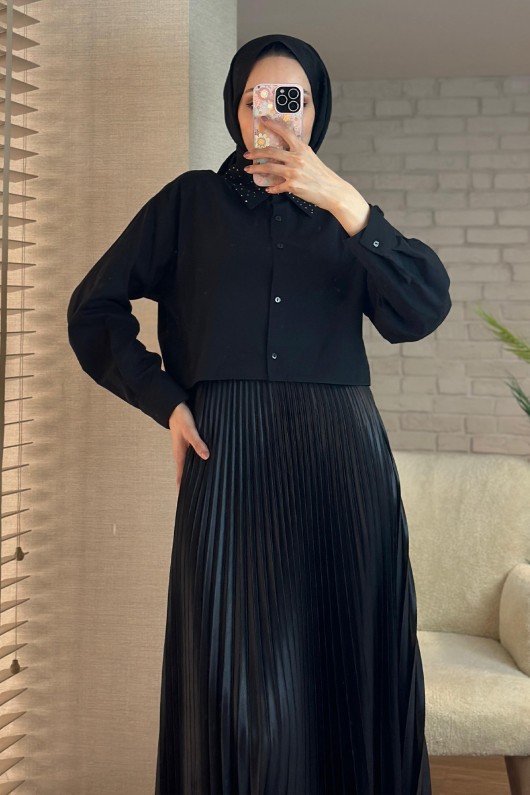 8003 Yakası Taşlı Kısa Gömlek - SİYAH