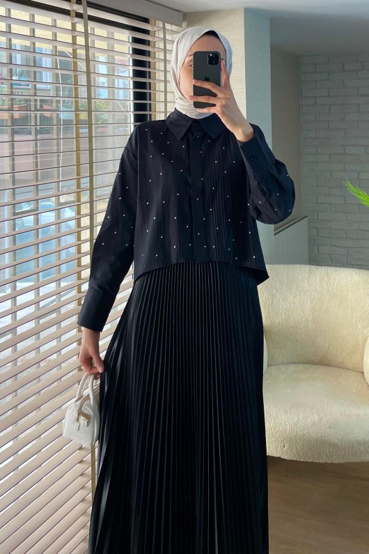 8011 Plise ve Taş Detaylı Gömlek - SİYAH