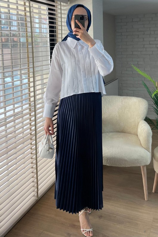 8011 Plise ve Taş Detaylı Gömlek - BEYAZ