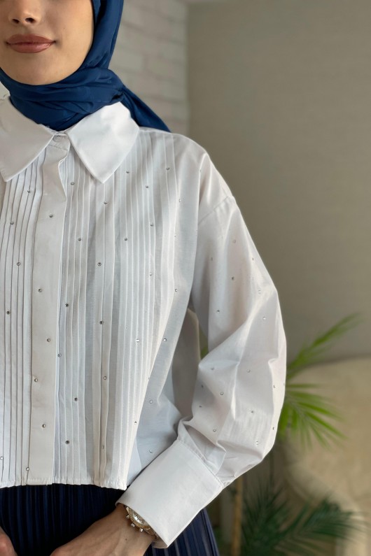 8011 Plise ve Taş Detaylı Gömlek - BEYAZ