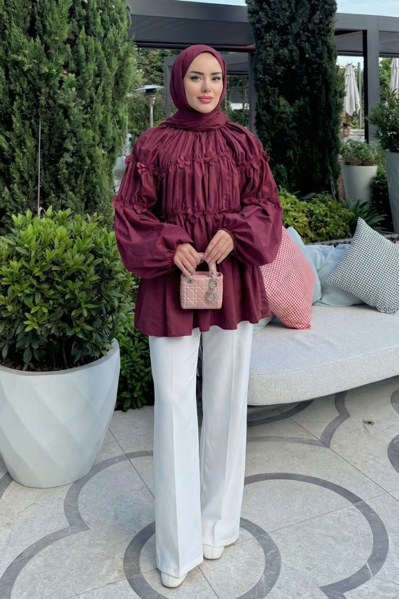 Reglan Çiçek Detaylı Tunik 81061 - BORDO Reglan Çiçek Detaylı Tunik 81061 - BORDO