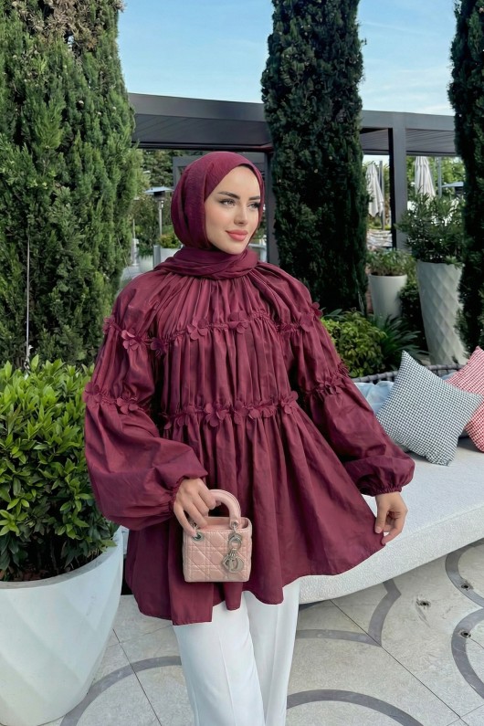 Reglan Çiçek Detaylı Tunik 81061 - BORDO