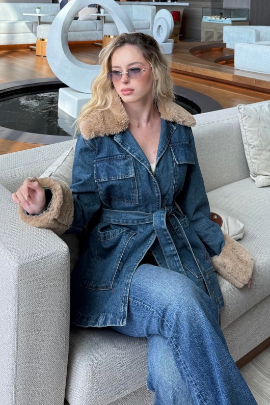 Kürk Detaylı Kot Ceket 81185 - MAVİ Kürk Detaylı Kot Ceket 81185 - MAVİ