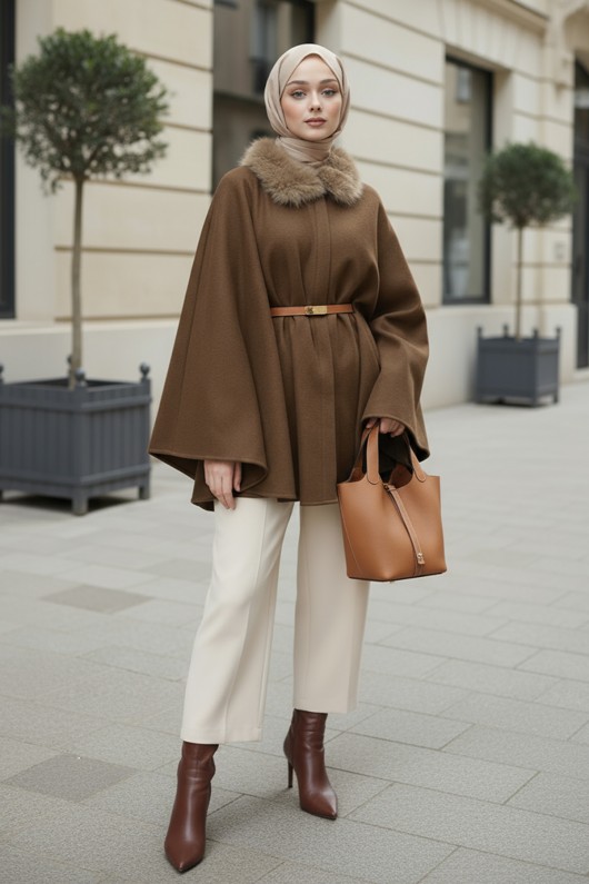 Kürk Yaka Kaşe Panço 81204 - KAHVERENGİ