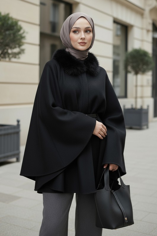 Kürk Yaka Kaşe Panço 81204 - SİYAH Kürk Yaka Kaşe Panço 81204 - SİYAH