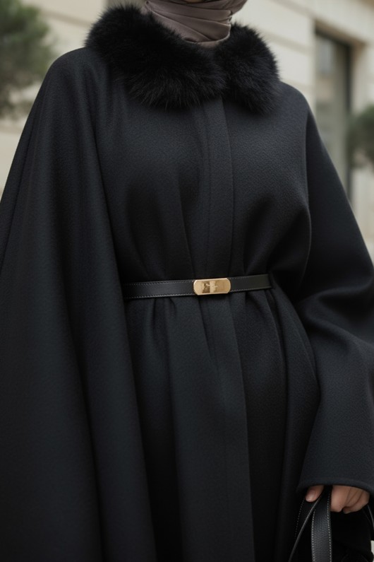 Kürk Yaka Kaşe Panço 81204 - SİYAH Kürk Yaka Kaşe Panço 81204 - SİYAH