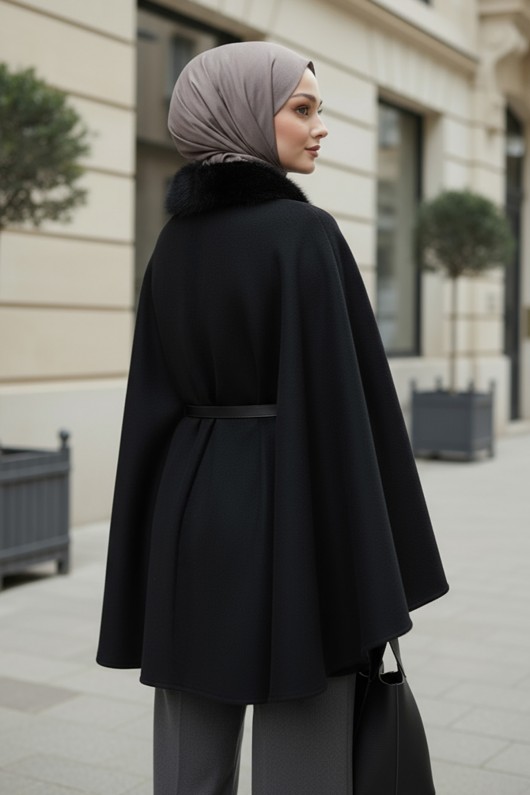 Kürk Yaka Kaşe Panço 81204 - SİYAH Kürk Yaka Kaşe Panço 81204 - SİYAH