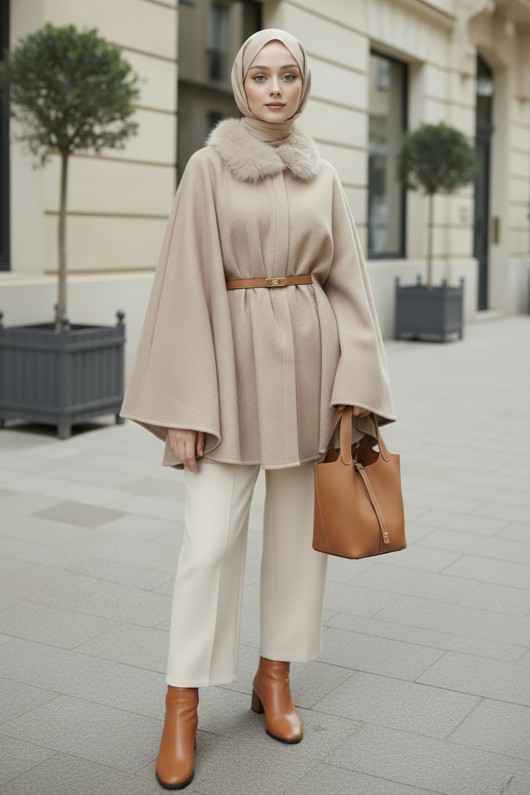 Kürk Yaka Kaşe Panço 81204 - TAŞ RENGİ