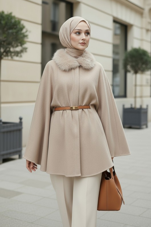 Kürk Yaka Kaşe Panço 81204 - TAŞ RENGİ